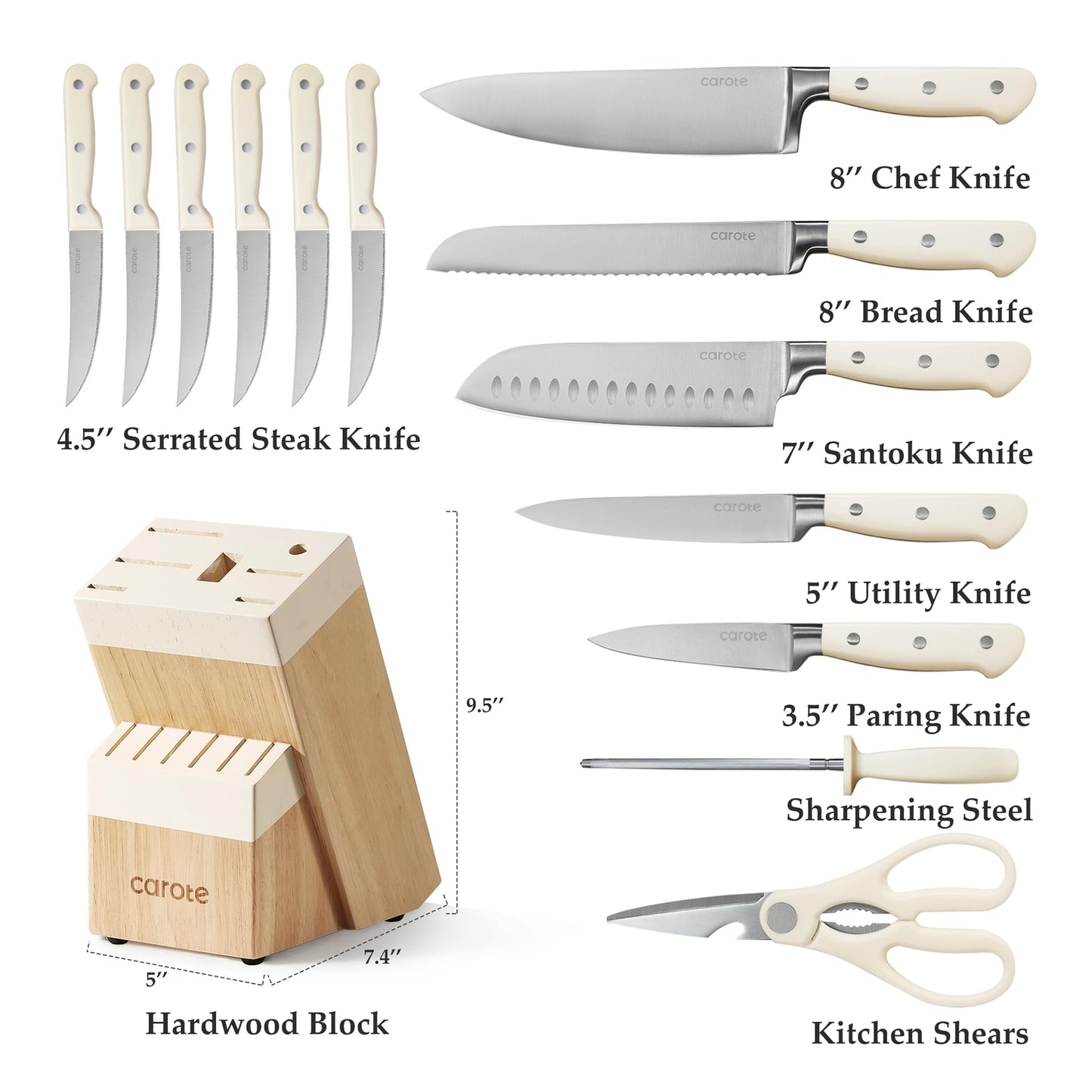 CAROTE 14 Pieces Knife Set with Block, Forged, High Carbon Stainless Steel Sharp Blade Block Knife Set, Dishwasher Safe Cutlery, Cream