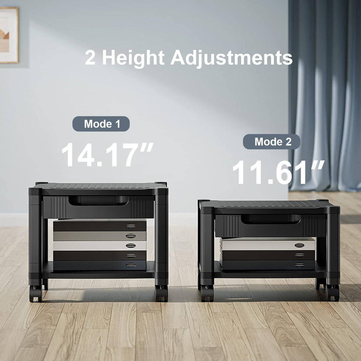 HUANUO Printer Stand with Cable Management and Storage Drawer, Printer Table with Locking Wheels, 14.1-inch Maximum Height Printer Cart for Under Desk, Home, Office, HNDPS HUANUO