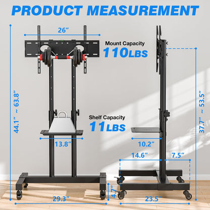 Mobile TV Cart for 32-83 Inch Screens up to 110 lbs, Height Adjustable Rolling TV Stand with Locking Wheels and Metal Shelf, Portable Outdoor Floor TV Stand Movable Monitor Holder for Home Office