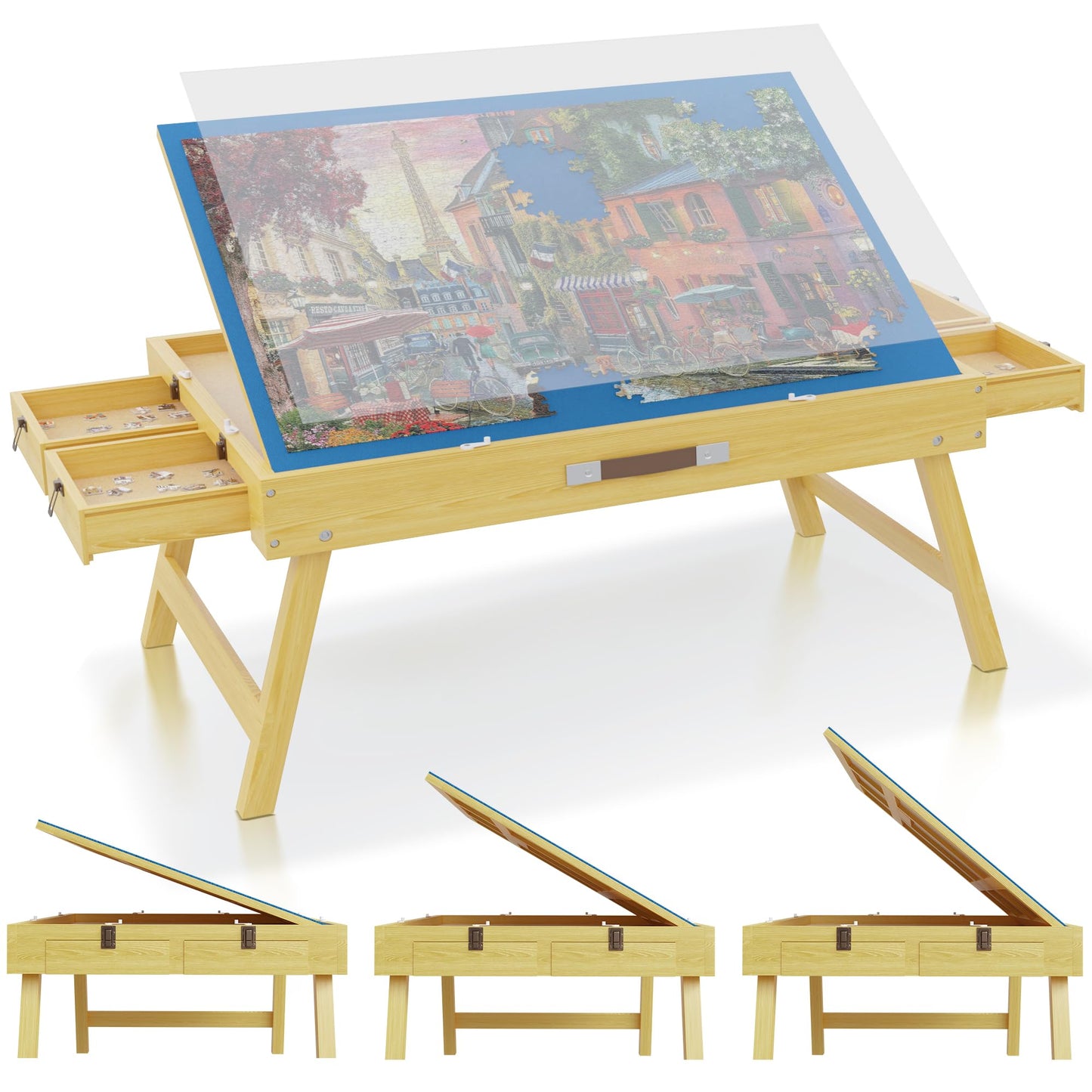 Jigsaw Puzzle Table with Drawers - 1500 Piece Puzzle Board with Legs, Adjustable Tilt Angle, Cover & Non-Slip Felt - Jigsaw Puzzle Tables with Handle for Adults/Children, Puzzle Desk - WoodArtSupply