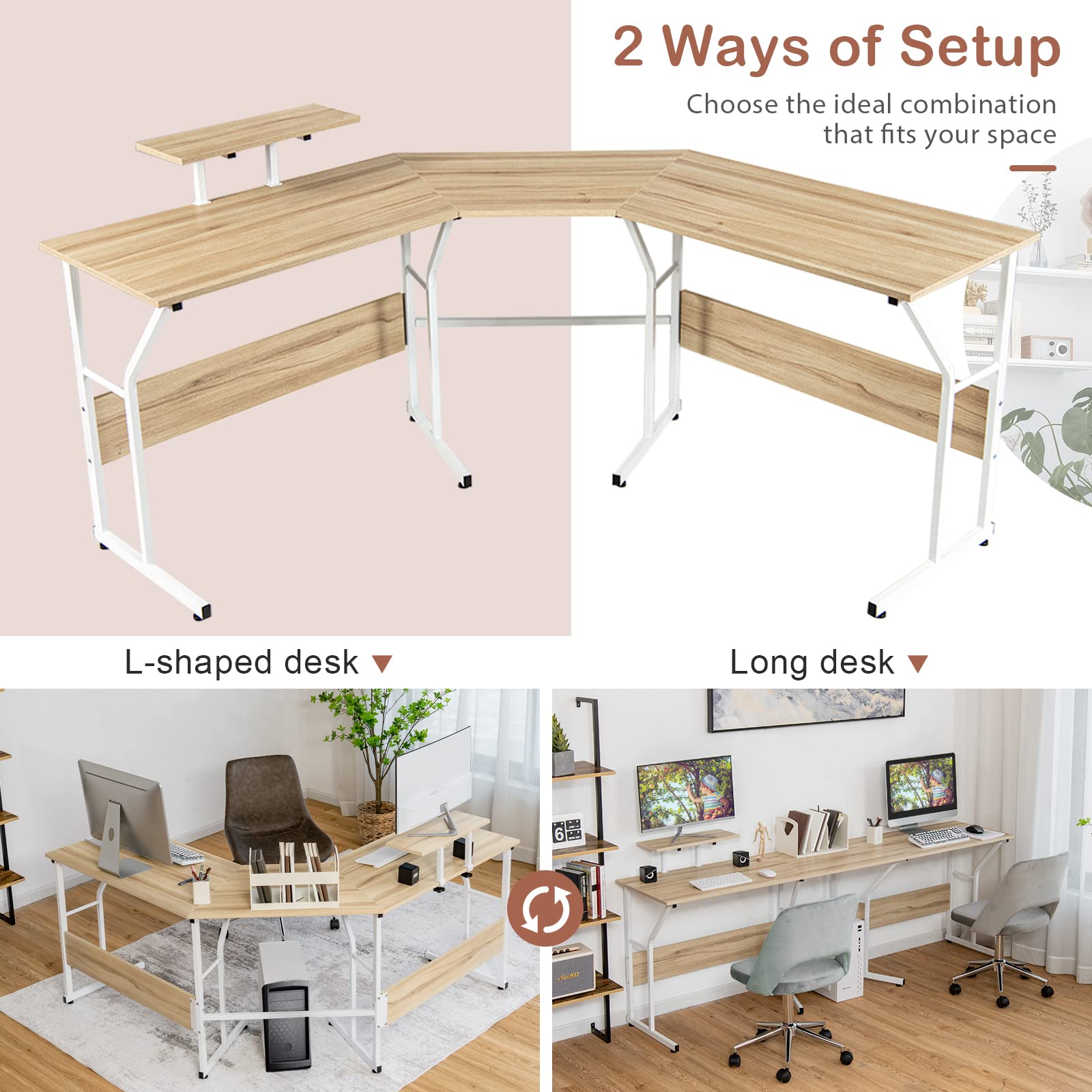 Tangkula L-shaped Reversible Computer Desk, 2 Person Long Computer Workstation w/Movable Monitor Stand, Large Home Office Corner Desk for Working Writing Gaming (Natural) - WoodArtSupply