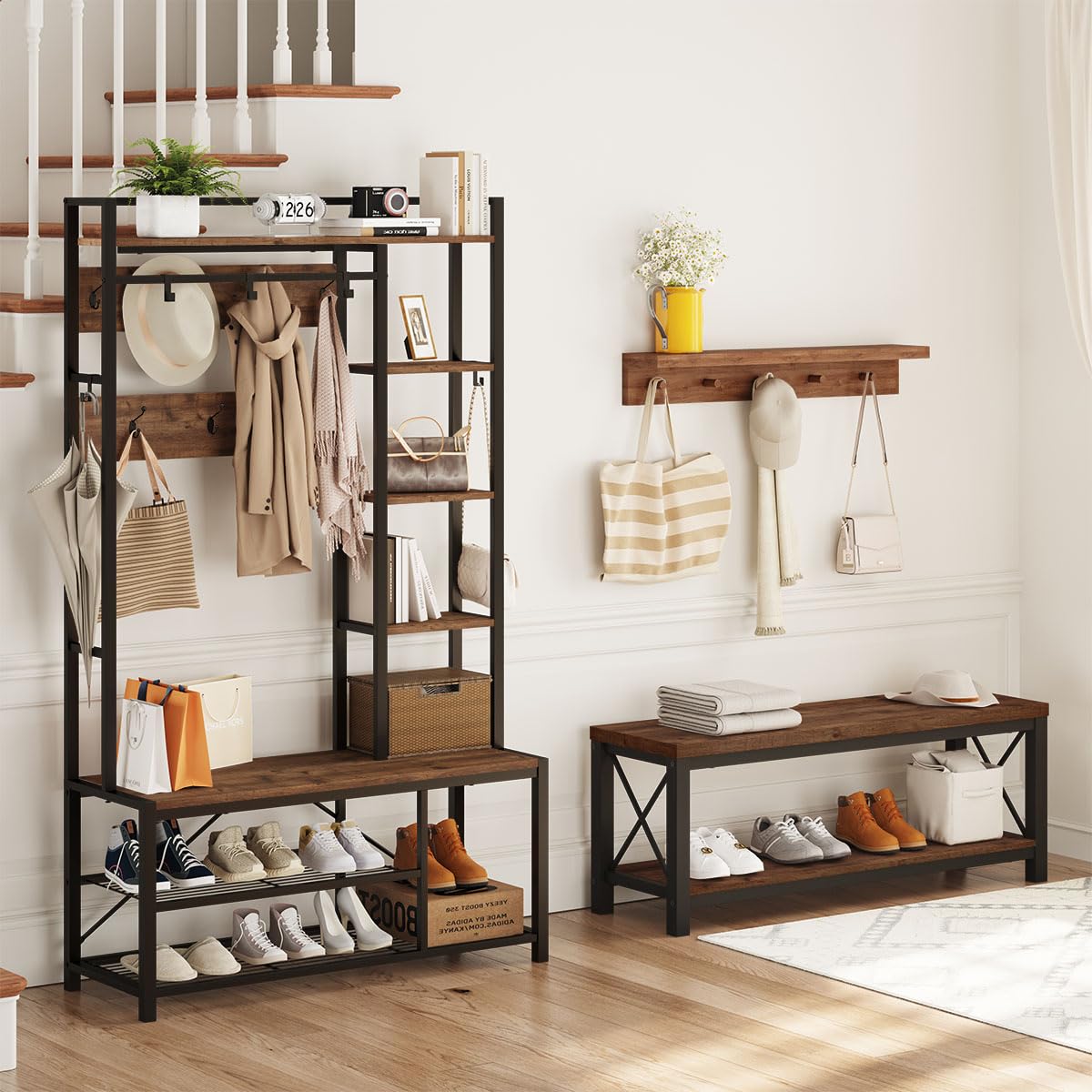 BON AUGURE 2 Tier Shoe Bench with Storage, Wood Metal Entryway Bench, Industrial Shoe Rack Bench for Entrance, Hallway, Mudroom, Bedroom, Indoor (Rustic Oak) BON AUGURE