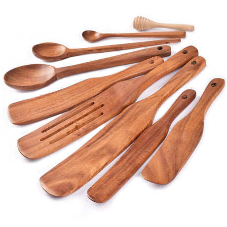 Spurtle Set,Wooden Spurtle Set of 9,Wooden Spoons for Cooking, Natural Teak Wooden Utensils for Cooking, Stirring, Mixing, Serving,Spurtles Kitchen Tools As Seen On Tv Gudamaye