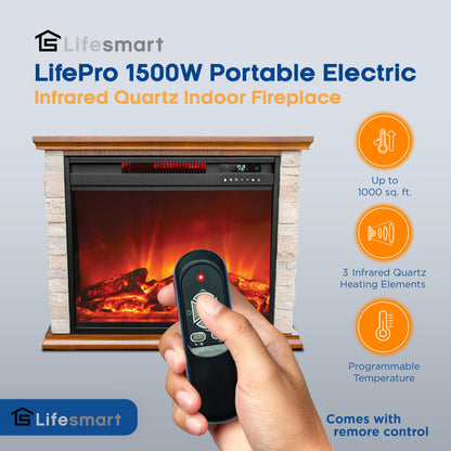 LifeSmart LifePro 1500 Watt Electric Infrared Quartz Fireplace Heater for Indoor Use with 3 Heating Elements and Remote, Faux Stone & Oak Wood