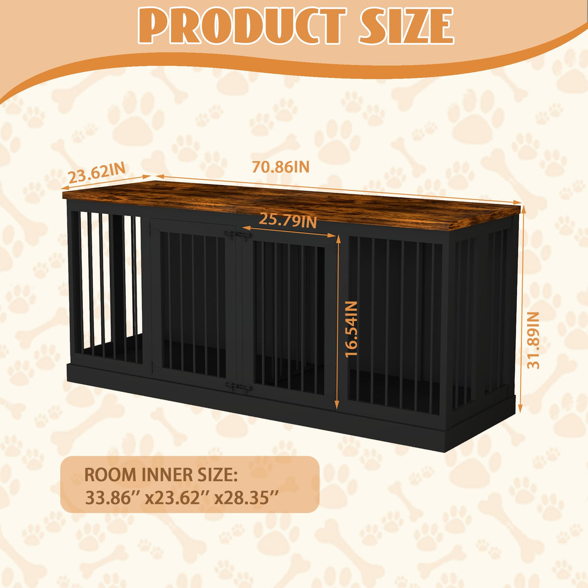 71 inches Extra Large Dog Crate Furniture Indoor Wooden Dog Kennel Furniture Heavy Duty Dog Crates TV Stand with Removable Divider for 2 Large Medium Small Dogs Black NEBZHASK