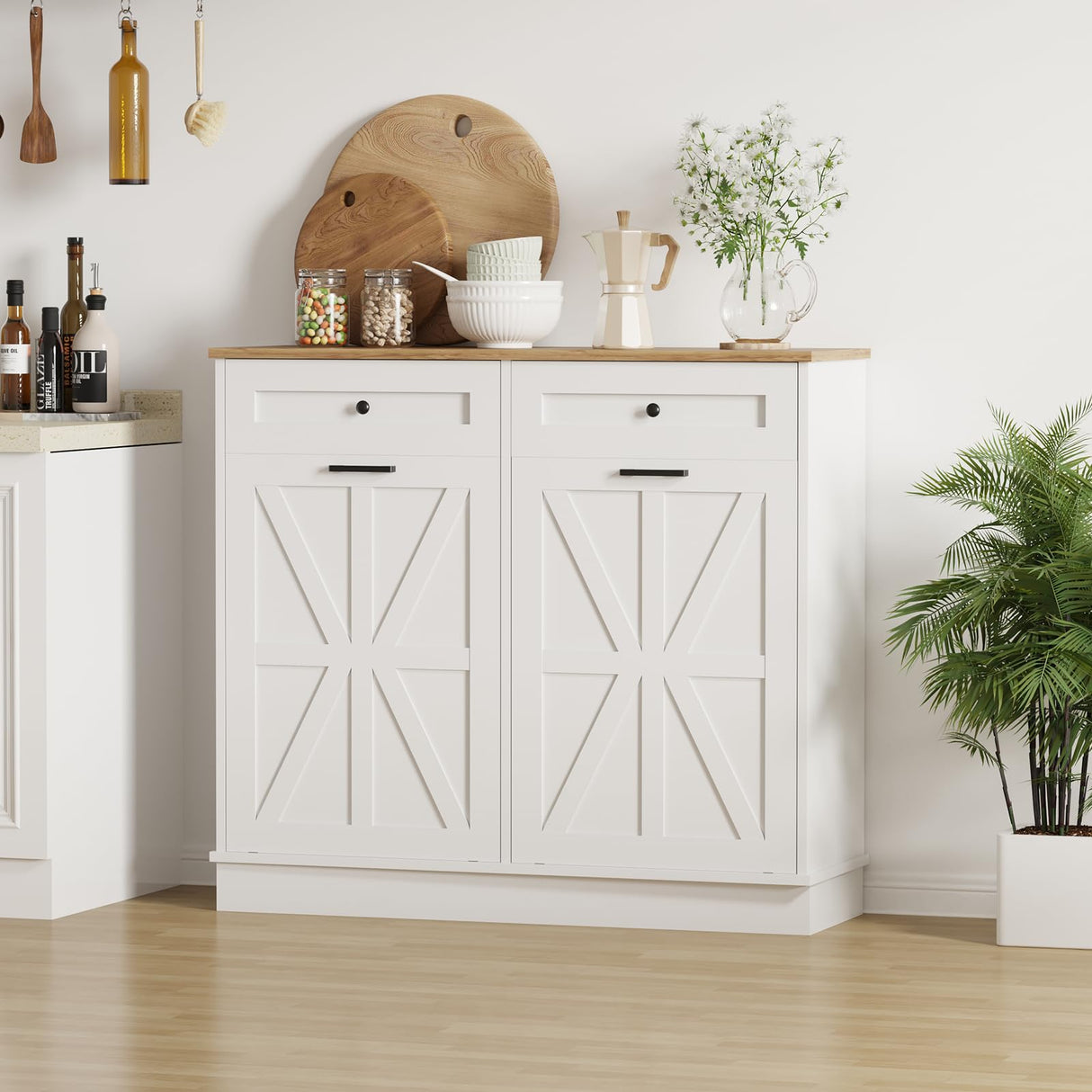 Double Tilt Out Trash Cabinet 20 Gallon,Hidden Wooden Trash Can Cabinet, Farmhouse Laundry Hamper Cabinet with Solid Wood Tabletop & Drawer, Pet Proof Trash Can, Wood Laundry Cabinet GarveeHome