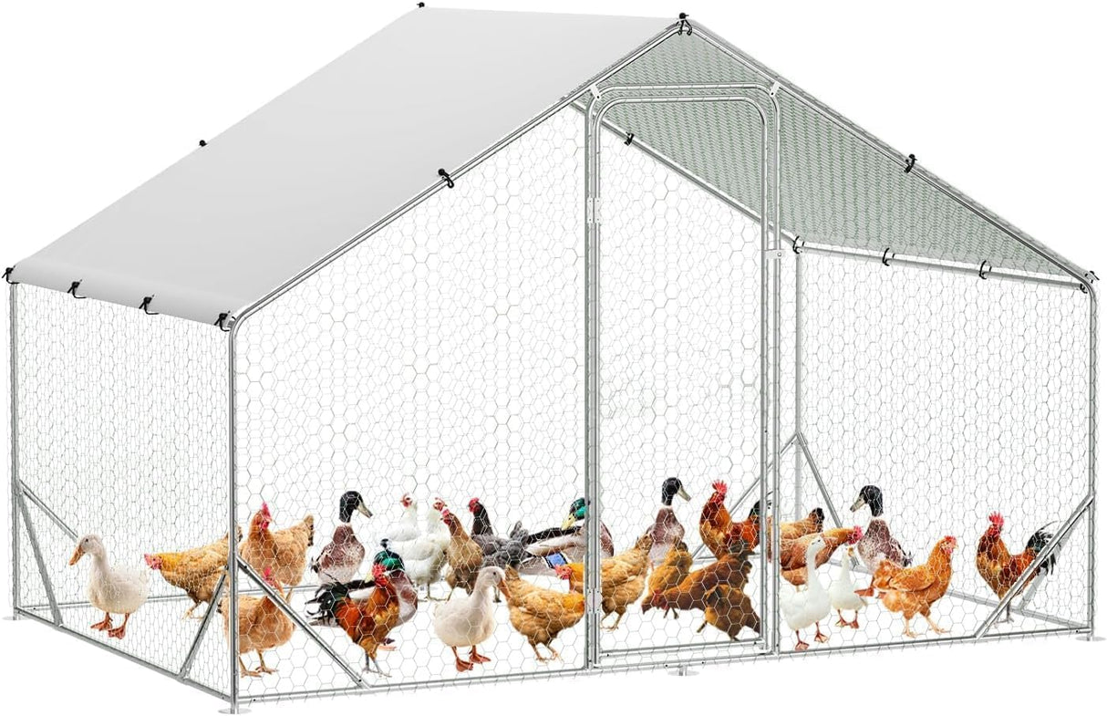 Outdoor Metal Chicken Coop & Run - 9.8x6.5FT Galvanized Steel Walk-in Poultry Cage with Waterproof Anti-UV Cover for Backyard, Garden, Farm (Chickens/Ducks/Rabbits) GAOMON
