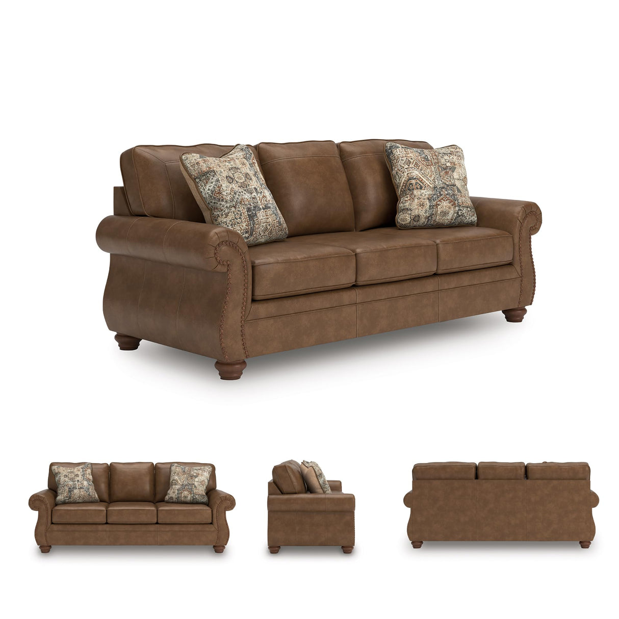 Signature Design by Ashley Shadsburne Rustic Faux Leather Sofa Sleeper with Bi-Fold Memory Foam Mattress, Nailhead Trim and 2 Throw Pillows, Queen, Brown Signature Design by Ashley