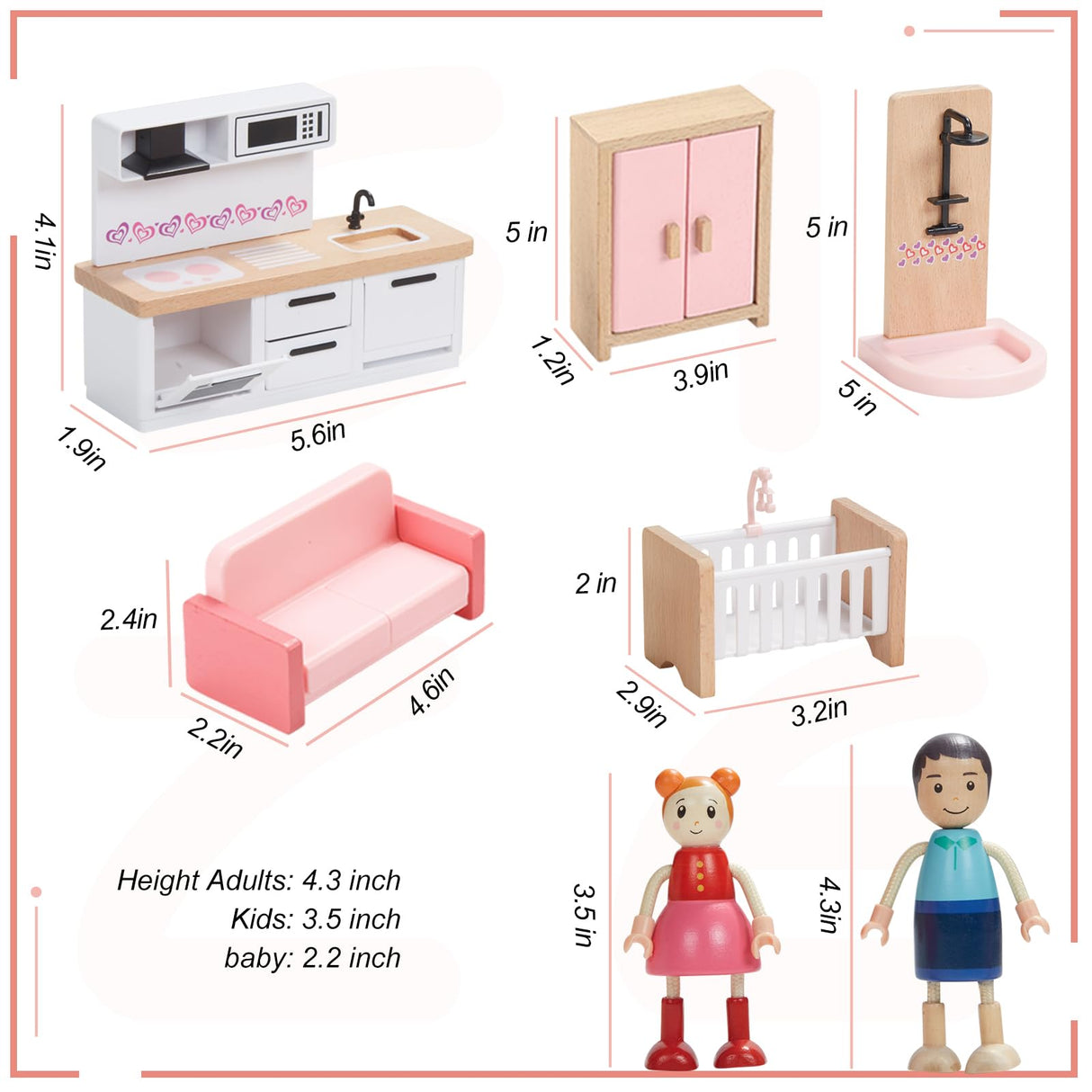 Giant bean Wooden Dollhouse Furniture Set, 36pcs Furnitures with 4 Family Dolls, Dollhouse Accessories Pretend Play Furniture Toys for Boys Girls & Toddlers 3Y+, Pink Giant bean