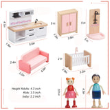 Giant bean Wooden Dollhouse Furniture Set, 36pcs Furnitures with 4 Family Dolls, Dollhouse Accessories Pretend Play Furniture Toys for Boys Girls & Toddlers 3Y+, Pink Giant bean
