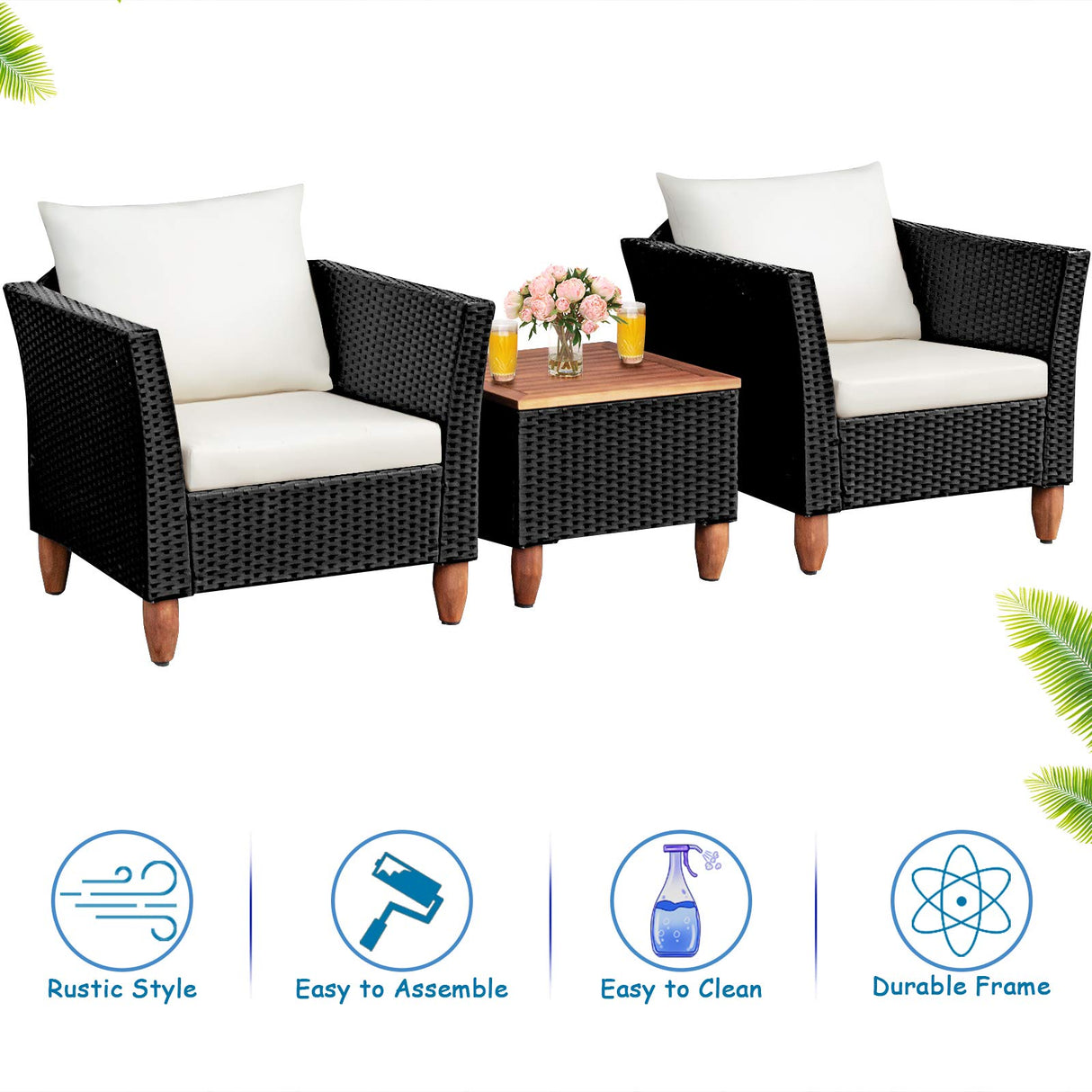 Tangkula 3 Piece Patio Furniture Set, Patiojoy Outdoor Wicker Rattan Bistro Sofa Set w/Washable Cushion, Acacia Wood Top Coffee Table, Conversation Set for Balcony Backyard Porch (White) Tangkula
