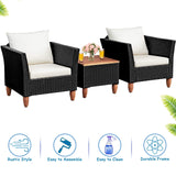Tangkula 3 Piece Patio Furniture Set, Patiojoy Outdoor Wicker Rattan Bistro Sofa Set w/Washable Cushion, Acacia Wood Top Coffee Table, Conversation Set for Balcony Backyard Porch (White) Tangkula