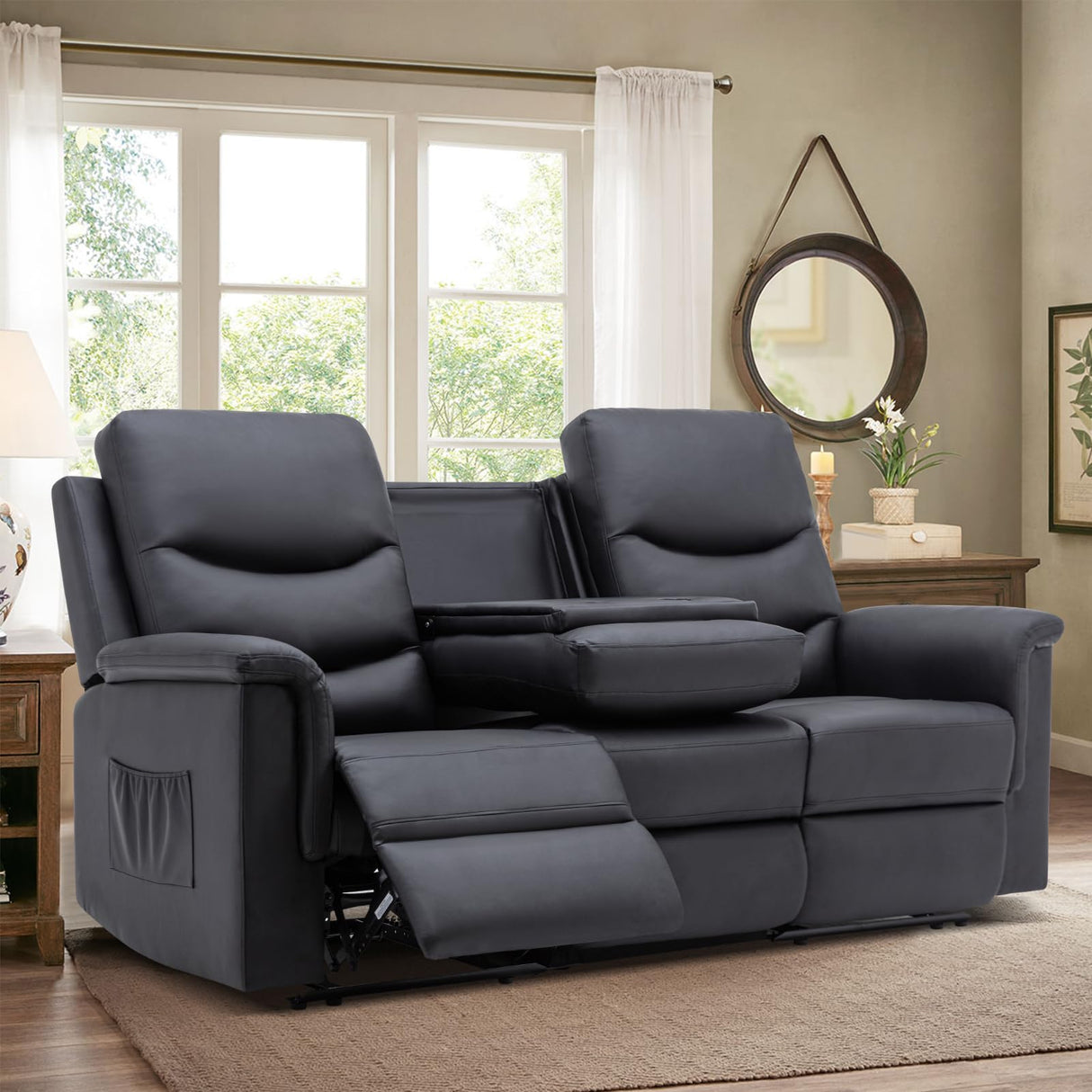 Consofa Reclining Sofa, 3 Seater Recliner Sofa with Flipped Middle Backrest,Cup Holder, Loveseat Recliner Sofa PU Leather Manual Reclining Couch for Living Room, Home Theater Seating Consofa