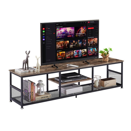 VECELO Industrial TV Stand for Televisions up to 80 Inch, 70" Entertainment Center with Open Storage Shelves for Living Room/Bedroom, 3 Tiers Media Console Table with Metal Frame, Brown, 70 Inches VECELO