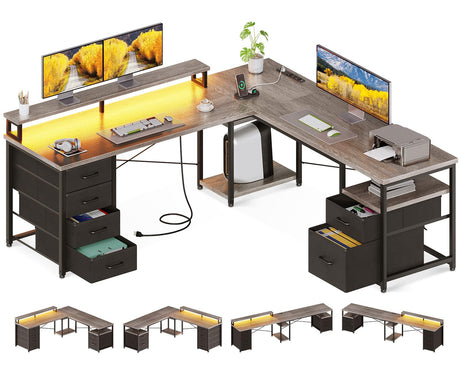 AODK 59" L Shaped Desk, 105" Computer Desk with File Cabinet & 4 Fabric Drawers, Home Office Desk with Monitor Shelf & Power Outlet, Two Person Desk or Corner Desk, Gaming Desk with LED Light, Grey AODK