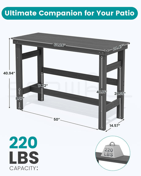 SERWALL 41" Outdoor Bar Table, All Weather HDPE Patio Bar Counter Height Table, Rectangle Patio Bar Table for Outside, Garden, Backyard, Balcony, Poolside, Grey SERWALL