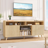 Jocoevol Fluted TV Stand for 65 Inch Boho Entertainment Center With Storage, Wood Media Console Cabinet With Shelves and Doors, Living Room Furniture for Bedroom, Natural Oak Jocoevol