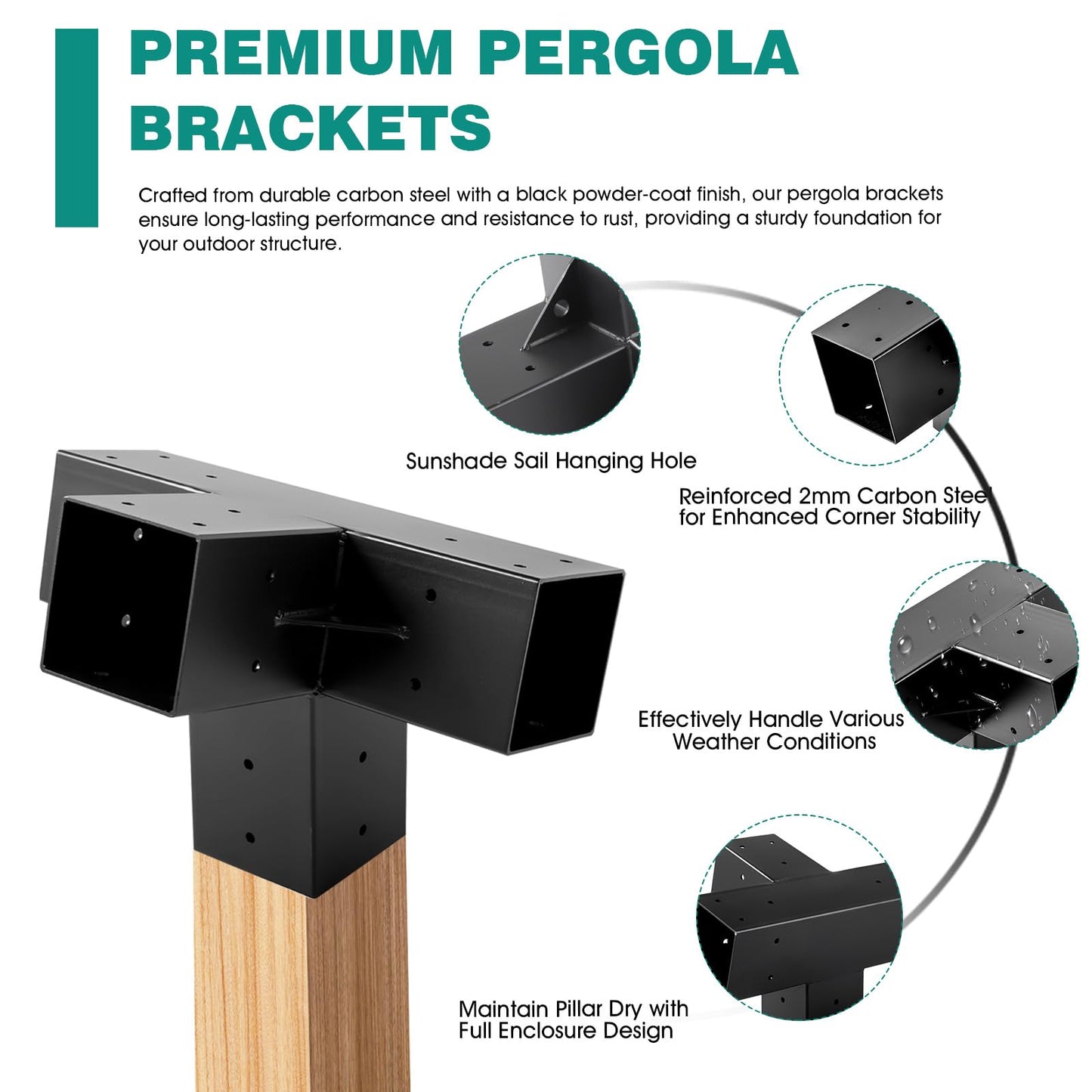 TOPTGO 3 PCS Pergola Brackets Kit,15° 4-Way Slanted Roof Pergola Bracket Set 4x4 (Actual: 3.5x3.5 in),Angle Corner Bracket with Post Base for Wooden Beams Lumber Gazebos Patio Pergola Sheds - WoodArtSupply