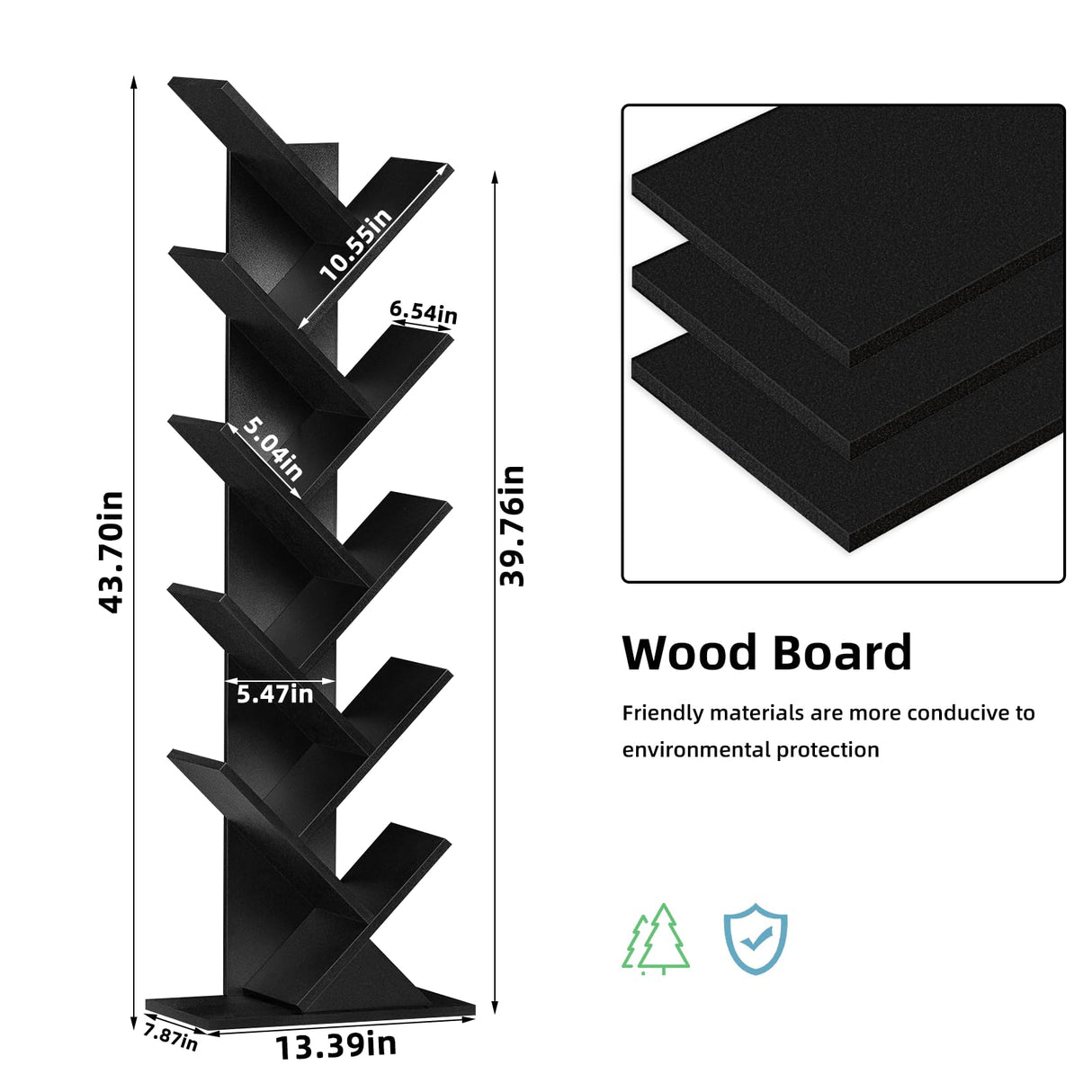 SHEEPAM 10 Tier Tree Book Shelf, Floor Standing Wood Bookshelf for Narrow Space, Storage Organizer Bookshelves for Books/CDs/Magazine, Bookcase with Shelves for Home Office, Living Room - Black SHEEPAM