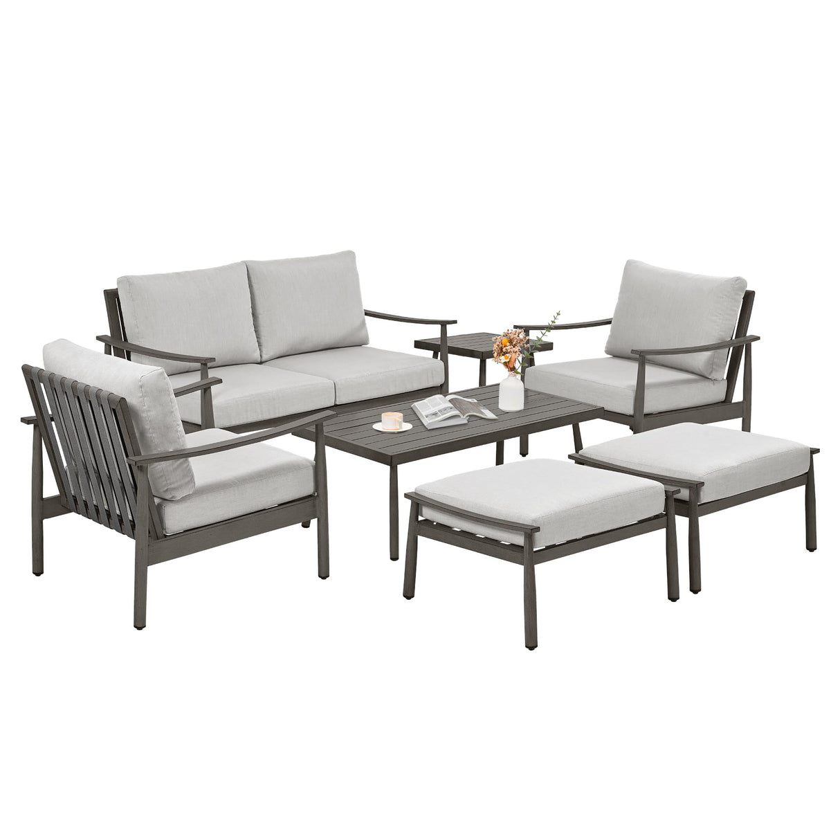 LUXIJOY Patio Furniture Set 7PCS, Aluminum Sectional Sofa Set with Coffee Table and Side Table, Loveseat, 2 Single Chairs, 2 Ottomans, Outdoor Conversation Set for Porch, Lawn, Greige & Grey LUXIJOY