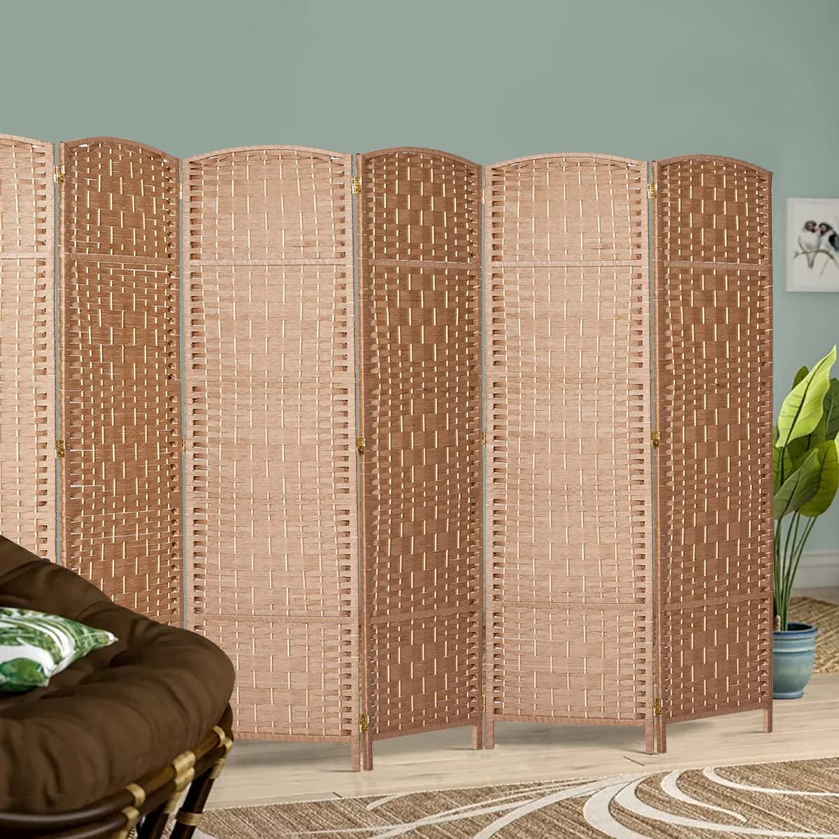 RHF 6 Ft. Tall Extra Wide-Diamond Weave Fiber Room Divider, 8 Panel Room Divider/Screen,Room Dividers and Folding Privacy Screens 8 Panel&Room Dividers and Folding Privacy Screens-Natural, 8 Panel Rose Home Fashion