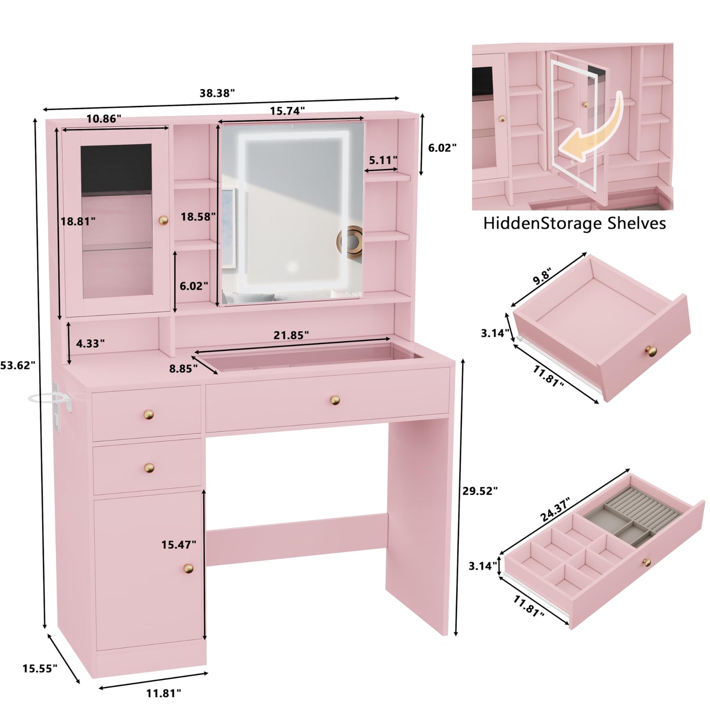 Wodeer Makeup Vanity Desk with Mirror and Lights,Vanity Table Set with Charging Station,Glass Tabletop and RGB Cabinets,Dressing Table with Jewellery Organizers Drawers for Bedroom,Pink