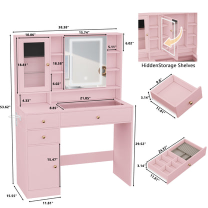 Wodeer Makeup Vanity Desk with Mirror and Lights,Vanity Table Set with Charging Station,Glass Tabletop and RGB Cabinets,Dressing Table with Jewellery Organizers Drawers for Bedroom,Pink