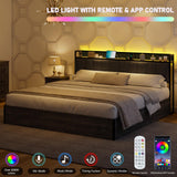 LUXOAK King Size Lift Up Storage Bed Frame with LED Lights, Linen Upholstered Headboard with Charging Station, Wooden LED Light Platform Bed Frame, No Spring Box Needed, Rustic Grey LUXOAK