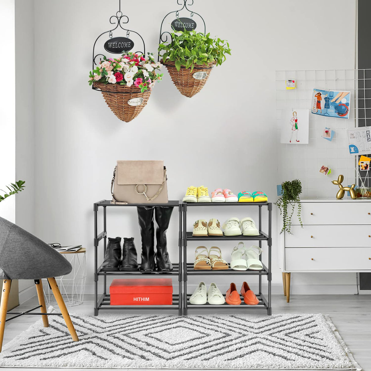 HITHIM 4-Tier Small Shoe Racks, Narrow Shoe Rack for 6-8 Pairs Shoe Storage,Kids Shoe Racks for Small Place,Lightweight Stackable Shoe Shelf Organizer for Closet,Black HITHIM