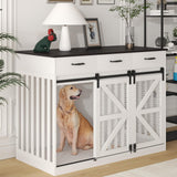 kepptory 48'' Dog Crate Furniture with Divider&Storage Drawers, Wooden Double Dog Kennel Furniture End Table with Sliding Barn Doors, White Double Dog Crate TV Stand kepptory