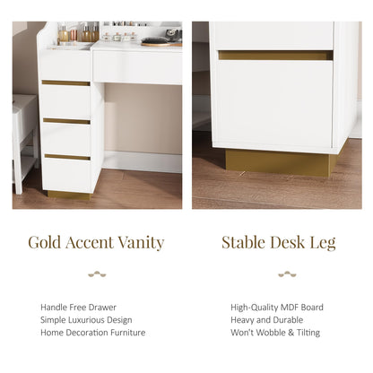 Vabches Large Makeup Vanity with 9 Drawers, Vanity Desk with Mirror and Lights,White and Gold Vanity Table with Charging Station for Bedroom