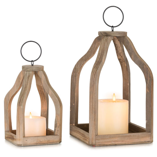 Staymoment Wood Decorative Candle Lanterns Set of 2, Indoor Farmhouse Hanging Candle Holder for Table Centerpiece Fireplace Mantle Shelf, 11" & 8" Bulk Rustic Home Decor Fall Ornaments, Brown