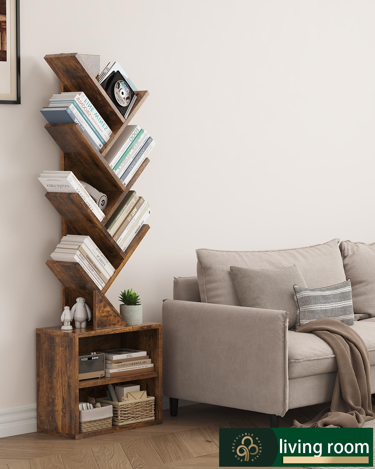 FFFlowerBBBook 6 Tier Tree Bookshelf,Small Bookcase with Storage Cabinet, Modern Tall Narrow Bookshelves Organizer, Floor Standing Book Shelf for Bedroom/Living Room/Home Office/CDs/Movies/Corner FFFlowerBBBook