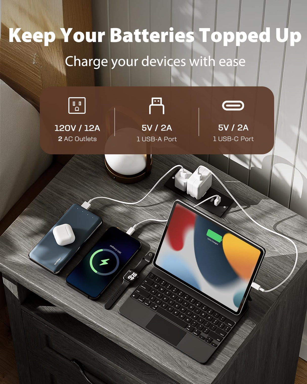 Amada Farmhouse Nightstand with Charging Station, 18.9 Inch Wide Bedside Table with 2 Drawers, USB A Port, USB C Port, 2 AC Outlets, Rustic Farmhouse End Table for Bedroom, Gray AMADA HOMEFURNISHING