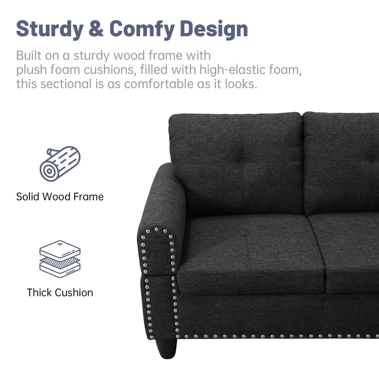 L Shaped Modular Sectional Sofa with Reversible Chaise Lounge, 5-Seater Corner Couch, Linen Upholstery Convertible Sofá w/Movable Ottoman, Cup Holders, 2 Pillows and Rivet Ornament for Living Room NicBex