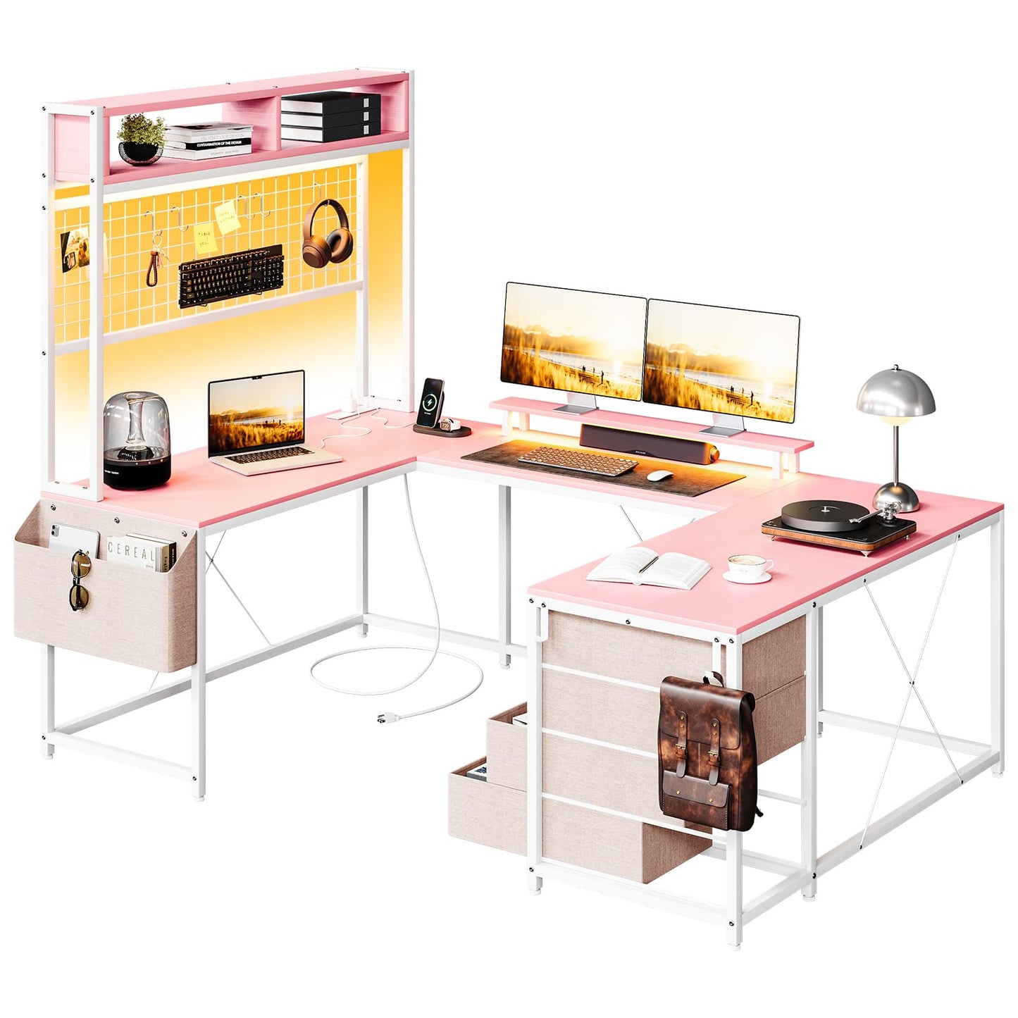 U Shaped Desk with Monitor Stand and LED Lights, U Shaped Gaming Desk with Storage Shelves, Large Computer Desk with Power Outlets, Large Corner Office Desk with 4 Drawers,Pink