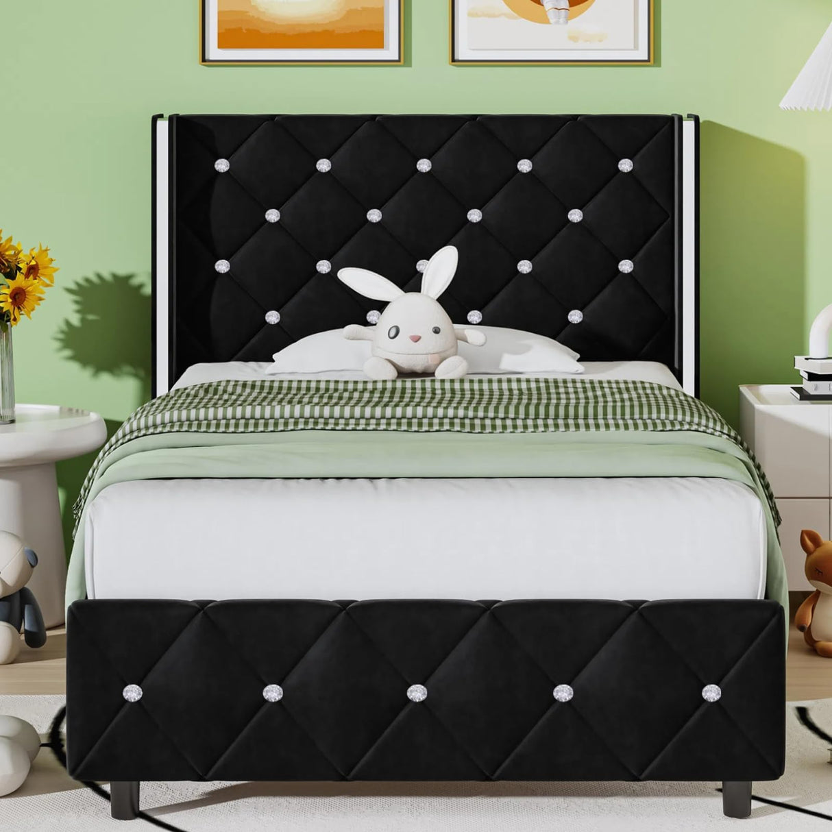 HOMBCK Twin Bed Frames, Upholstered Platform Bed with Diamond Tufted Headboard, Modern Velvet Bed Frame with Wingback Design, No Box Spring Needed, Easy Assembly, Black HOMBCK