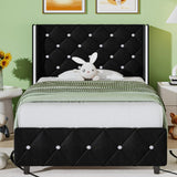 HOMBCK Twin Bed Frames, Upholstered Platform Bed with Diamond Tufted Headboard, Modern Velvet Bed Frame with Wingback Design, No Box Spring Needed, Easy Assembly, Black HOMBCK