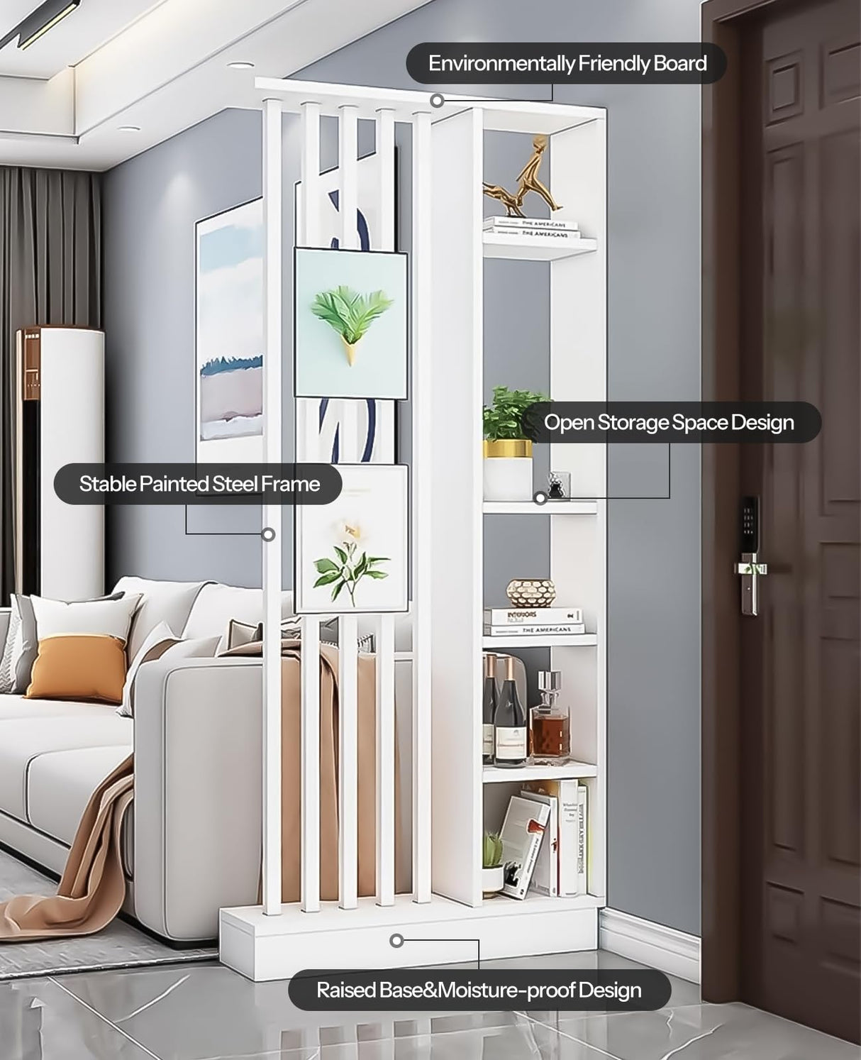 Wall Room Divider, Storage Cabinet Storage Display with Shelves, Modern Freestanding Wood Room Divider Screen, Wall Privacy Screens for Home Office Decorative (White,31.5" L x 9.5" W x 79.5" H) Kavie