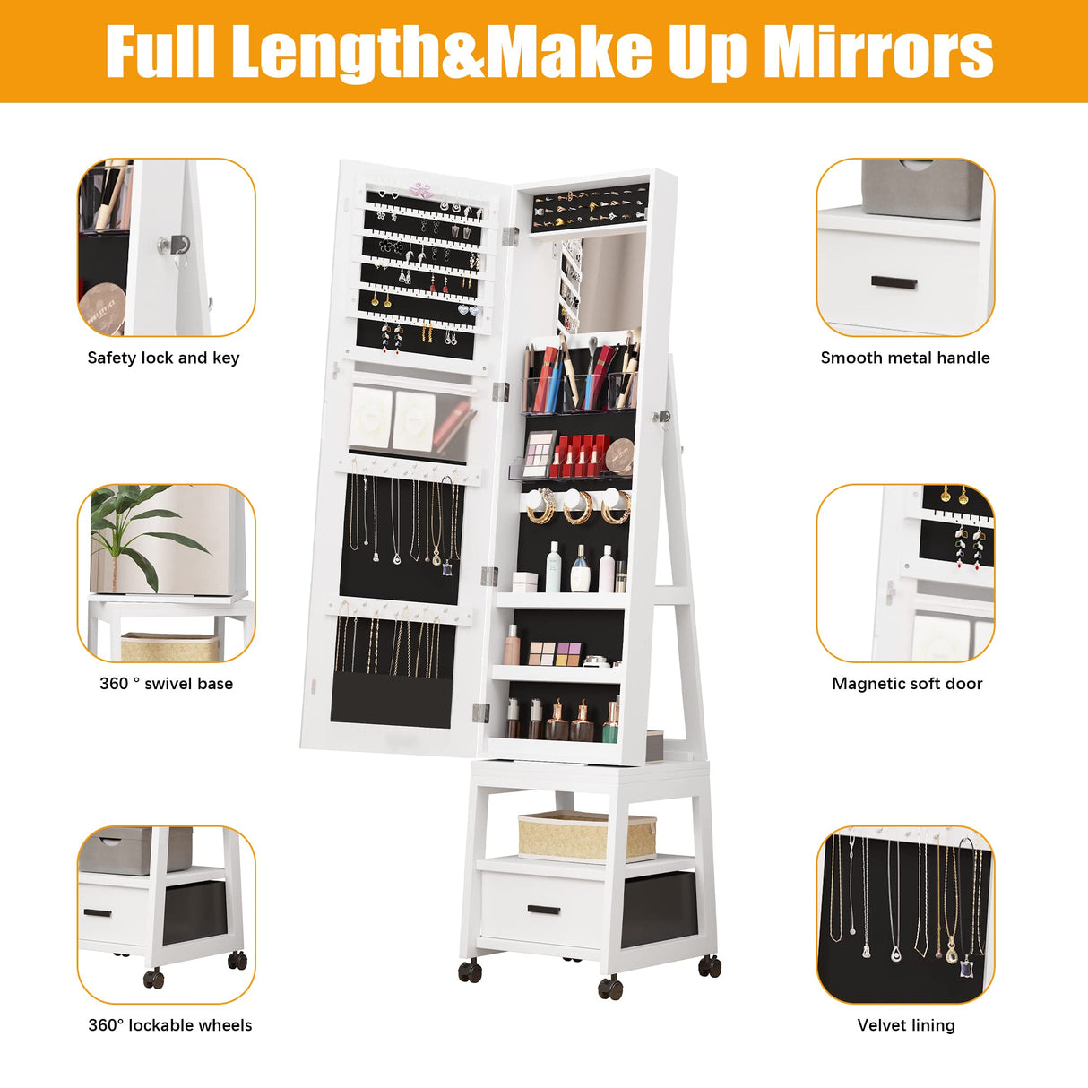 Alkmaar 360° Swivel Jewelry Armoire, Floor Standing Locking with Full Length Mirror,Bottom Drawer, Shelf, Wheels,White Cabinet with Large Storage Capacity (White push-pull) Alkmaar