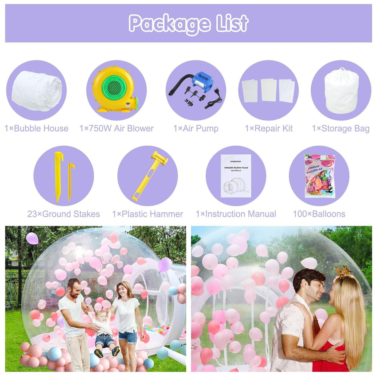 FBSPORT Inflatable Bubble House 10FT, Bubble House Dome Inflatable with 750W Air Blower for Kids and Adults Includes 100 Balloons, TPU Bubble Tent for Indoor and Outdoor Backyard FBSPORT
