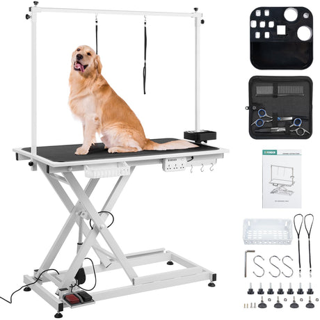 50" Electric Dog Grooming Table with Foot-operated, Professional Heavy Duty Pet Grooming Table for Dogs at Home, Aluminium Adjustable Overhead Arm & Tool Organizer, Large Pet Grooming Station URBANVISTA