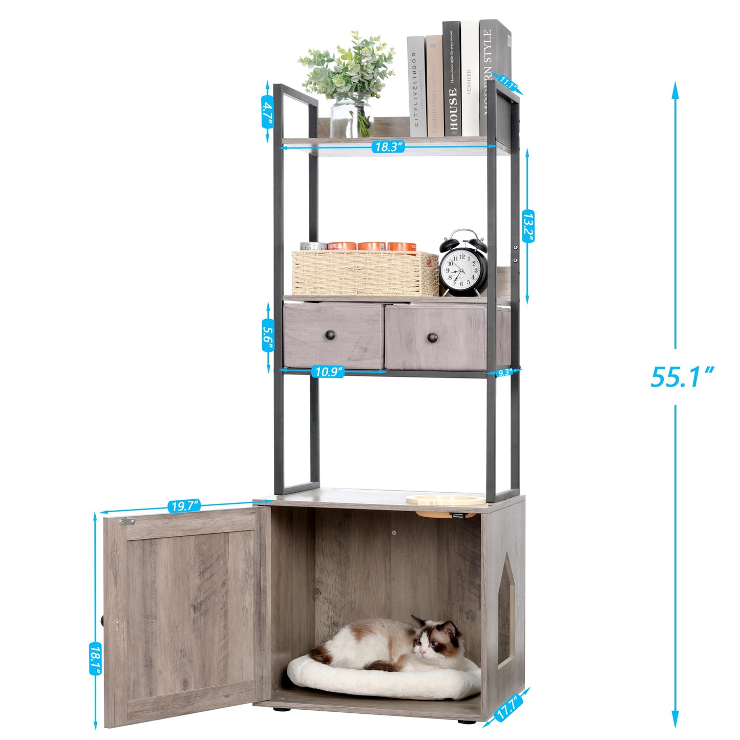 Hey-brother Litter Box Enclosure with 2 Storage Shelves and 2 Drawers, Large Hidden Cat Litter Box Furniture with Soft Cushion, Stores Most Litter Boxes and Cat Litter, Rustic Gray MPJ130SG