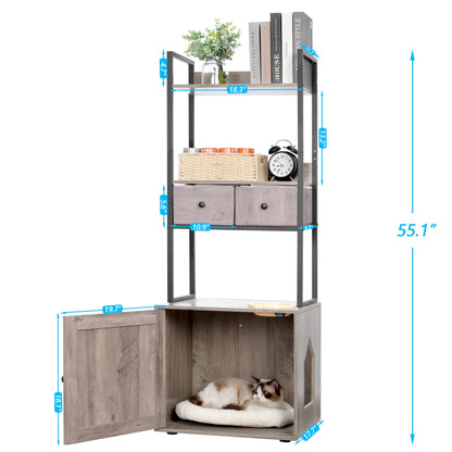 Hey-brother Litter Box Enclosure with 2 Storage Shelves and 2 Drawers, Large Hidden Cat Litter Box Furniture with Soft Cushion, Stores Most Litter Boxes and Cat Litter, Rustic Gray MPJ130SG