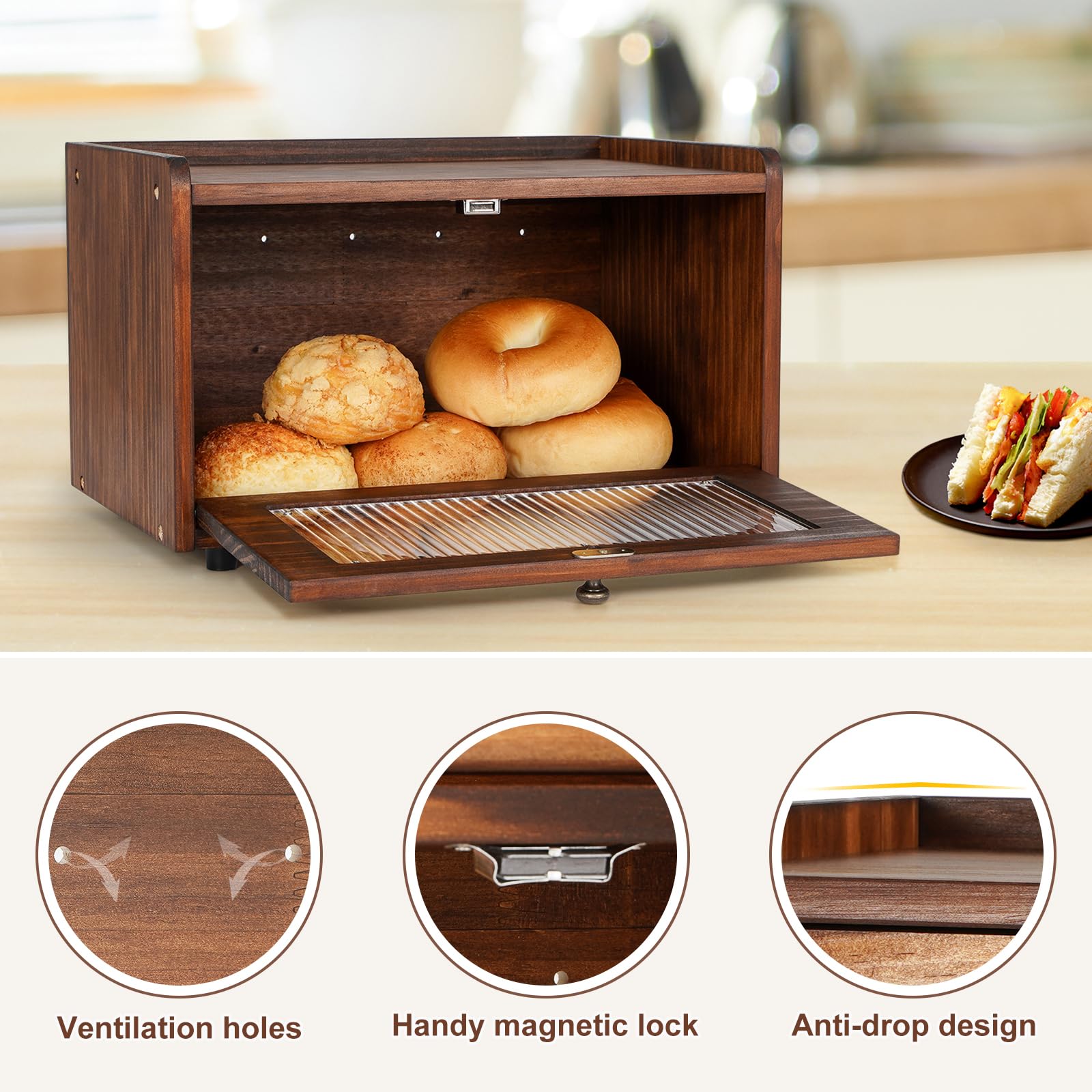 Sunhoo Bread Box for Kitchen Countertop Storage Wooden Breadbox Holder Container Morden Rustic Fresh Bread Keeper Farmhouse Stackable Organizer Bin for Homemade Food Shelf Acrylic Window (Yel - WoodArtSupply