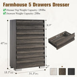 Albott Farmhouse 5 Drawers Dresser, Wood Rustic Chest of Drawers for Bedroom, Tall Dressers Organizer with Hidden Handles for Living Room, Hallway, Entryway, Rustic Grey Albott