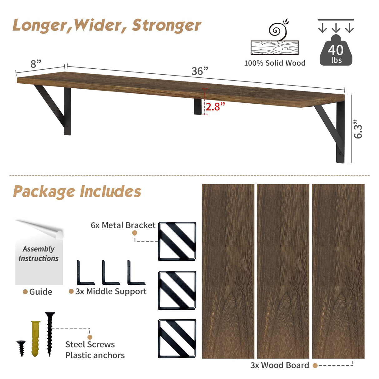 Forbena Floating Book Shelves for Wall Set of 3, 36 Inches Long Wall Bookshelf for Bedroom, Large Wood Heavy Duty Hanging Bookshelves for Books, Living Room Decor, Closet Storage (Rustic Brown) Forbena