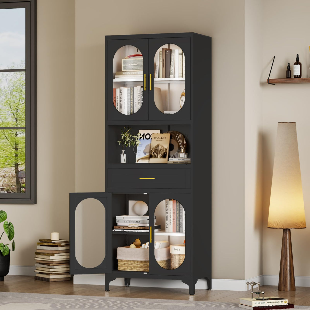 VRTCP 75" H Tall Kitchen Pantry Storage Cabinet with 4 Glass Door, Black Metal Storage Cabinet with Drawer and 2 Adjustable Shelves, Kitchen Pantry Cupboard for Living Room, Dining Room VRTCP