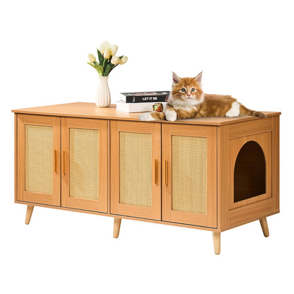 VEVOR Cat Litter Box Enclosure for 2 Cats, Litter Box Furniture Hidden with Rattan Decorated Doors, Wooden Cat Box Cabinet Fit Most of Litter Box, 47.2" L x 19.7" W x 21.7" H, Natural