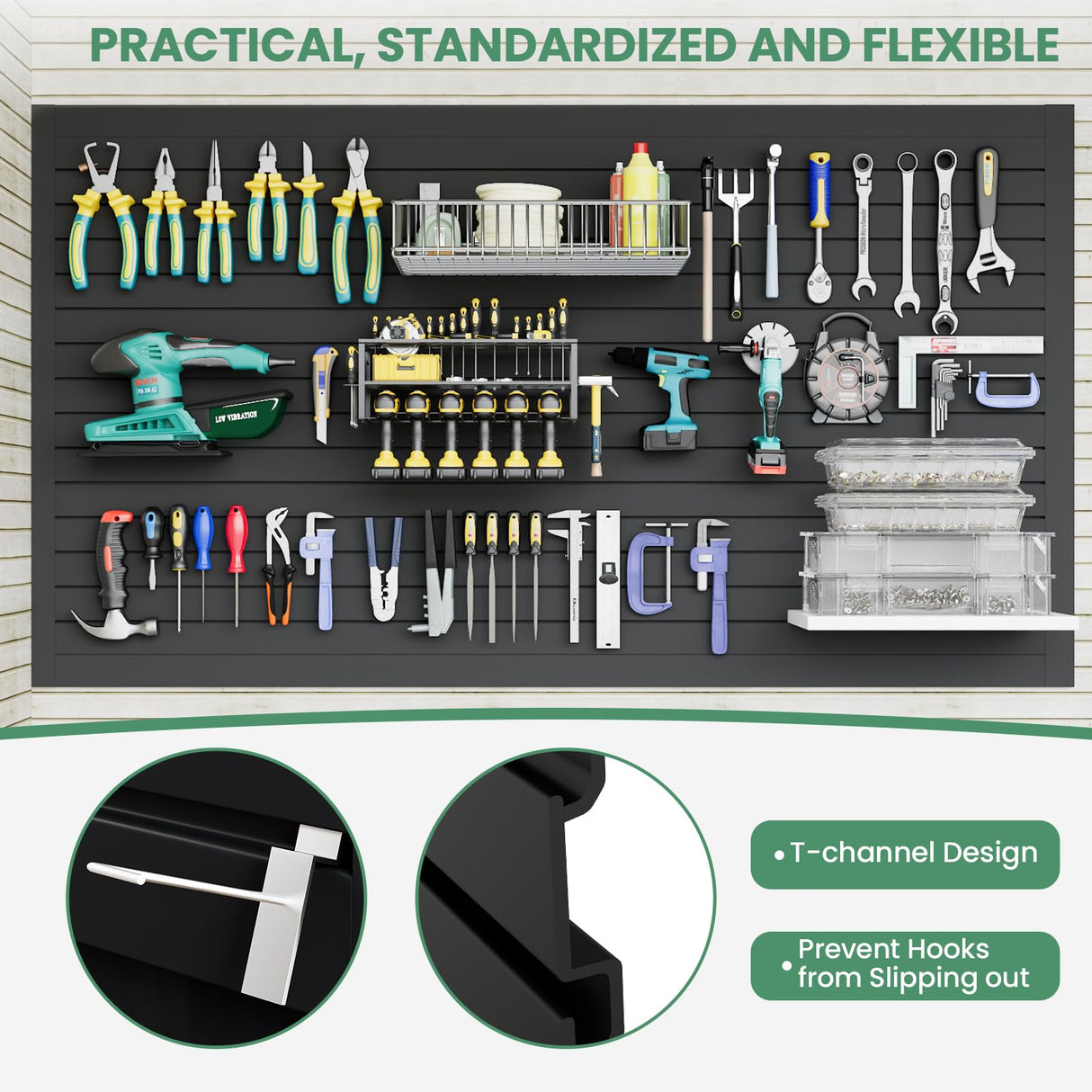 Noliven Slatwall Panel Wall Storage Systems, 4x8 ft Slat Wall Paneling Garage Wall Organizer with Six Hooks, Heavy Duty Wall Mounted PVC Wall Rack, Black Noliven